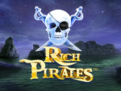 Totenkopf mit Augenklappe vor dunkler See mit Schriftzug "Rich Pirates"