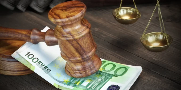 Richterhammer fällt auf ein Bündel Euro-Scheine