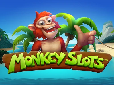 Lachender Affe auf Insel neben Schriftzug "Monkey Slots"
