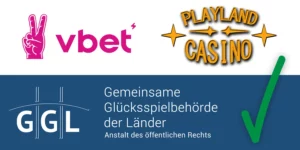 Logos von Playland Casino und vbet, darunter das Logo der GGL und ein grüner Haken