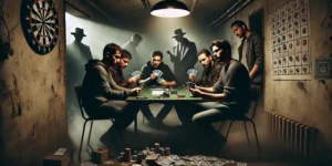 Gruppe junger Männer betreibt illegales Glücksspiel in einem düsteren Kellerraum