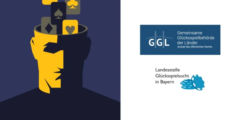 Zeichnung eines männlichen Kopfs, aus dem Spielkarten kommen, neben den Logos von GGL und Landesstelle Glücksspielsucht in Bayern