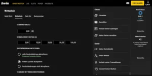 Wetteinstellungen wie Standard-Einsatz und Schnelleinsatz-Beträge im Kontomenü