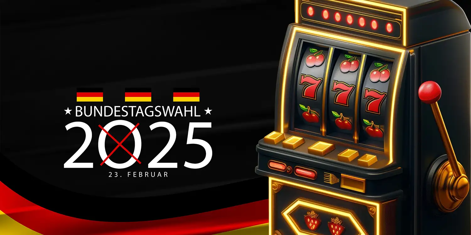 Spielautomat vor Deutschlandflagge und dem Text "Bundestagswahl 2025, 23. Februar"