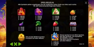 Auszahlungstabelle mit diversen Symbolen und ihren Wertigkeiten