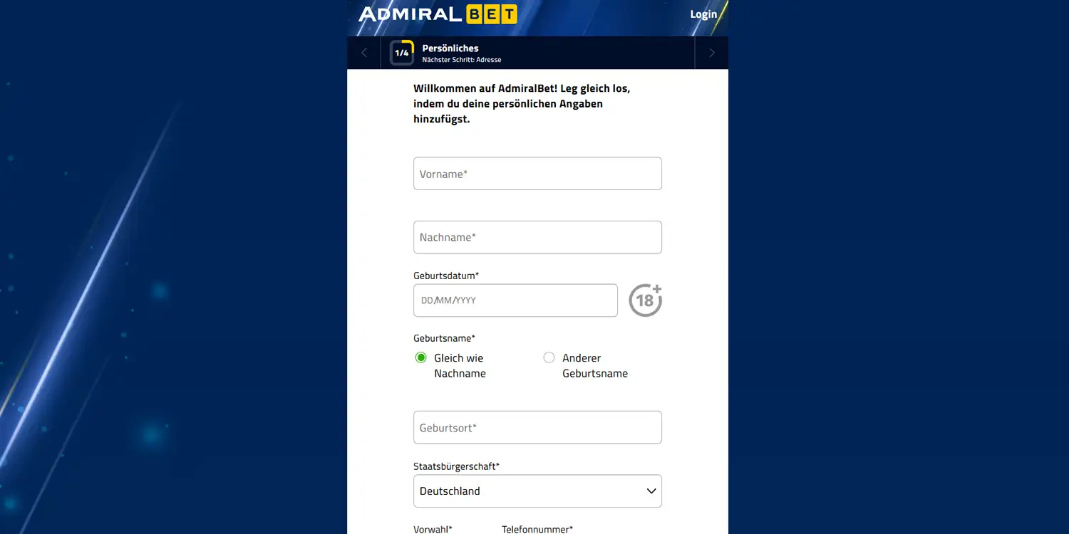 Schermata di registrazione Admiralbet