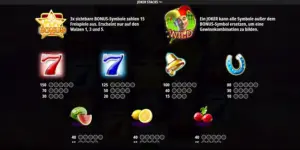 Auszahlungstabelle mit diversen Symbolen und ihren Wertigkeiten