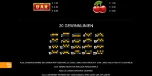 Auszahlungstabelle und Übersicht der 20 Gewinnlinien