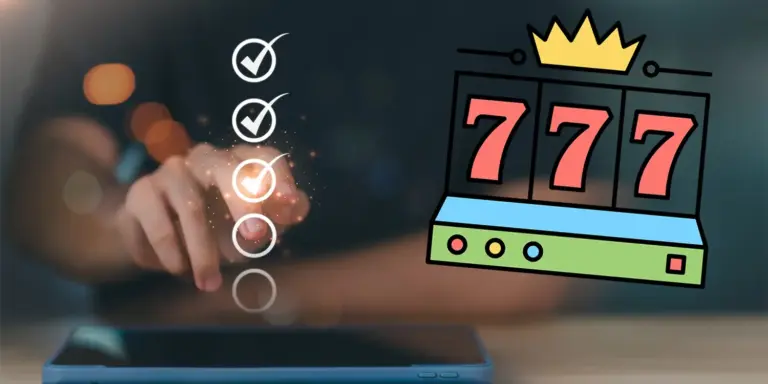 Hand, die eine digitale Checkliste mit Häkchen auf dem Handy antippt, daneben eine bunte Slotmachine-Grafik mit drei roten Siebenern und goldener Krone